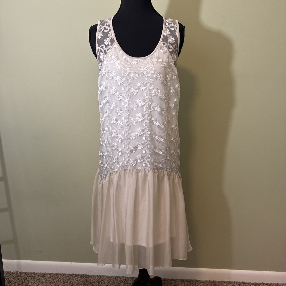 Lace And Chiffon Dress White Cream Sleeveless Lined Romantic Boho Size 8
